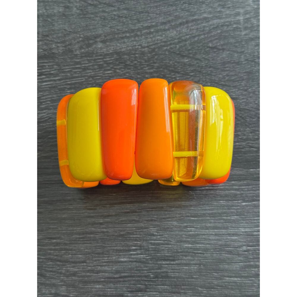 Vintage 1960s Orange Yellow Lucite 2" Wide Stretchy Bangle‎ Bracelet